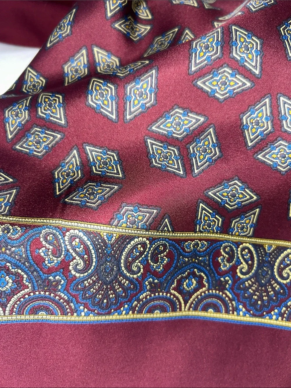 Vintage Silk Scarf for Men 1970s Burgundy Geometric Paisley Dandy Opera Style